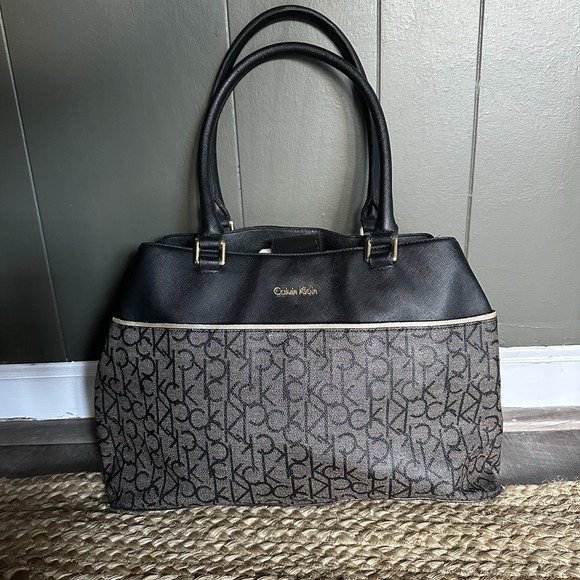 Calvin Klein Black Brown Logo Tote Bag Purse - Picture 1 of 16